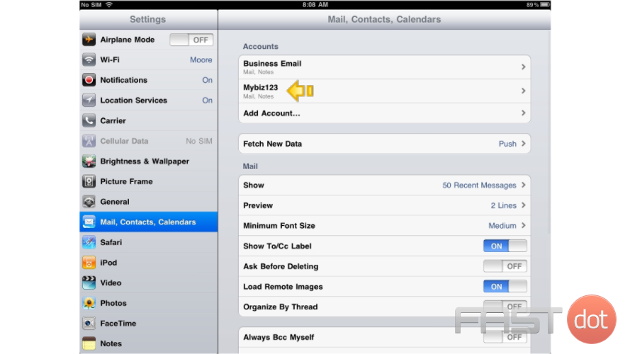 12) Success! The IMAP email account has been setup on the iPad, and you can see it here listed under "Accounts"