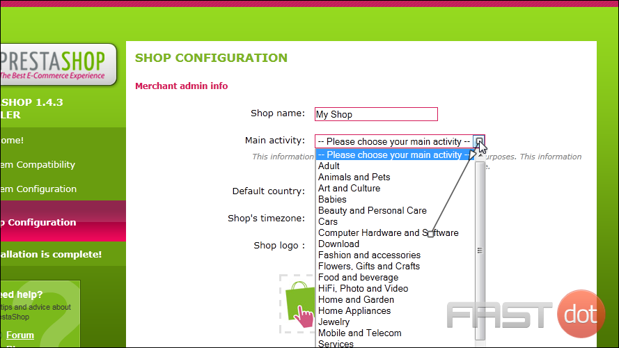 18) Select the Main Activity for your store.
