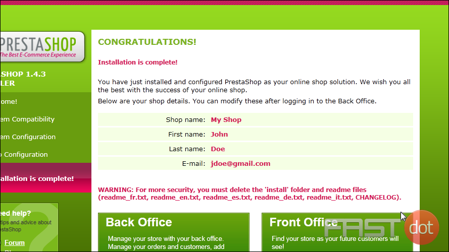 If you see this page, PrestaShop has been successfully installed.