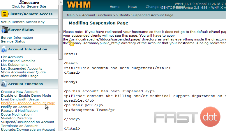 Here is where you modify your suspended accounts page. Let's go ahead and paste the custom HTML code that corresponds to our suspended accounts page