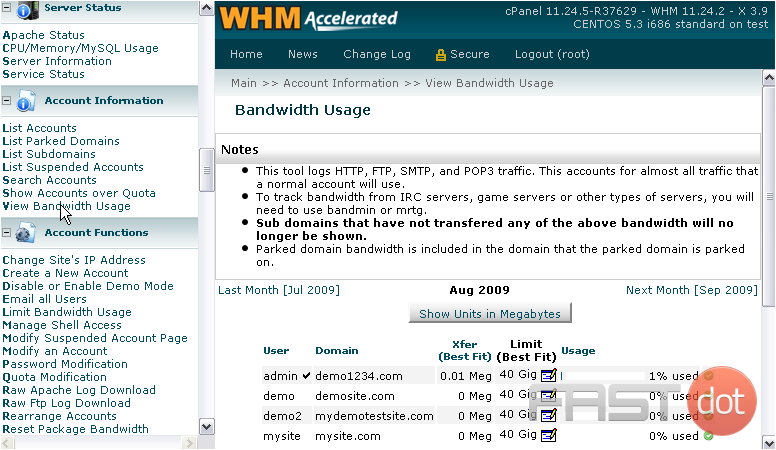 Here is the Bandwidth Usage page. This tool logs HTTP, FTP, and e-mail traffic, which accounts for almost all traffic that a normal account will use.