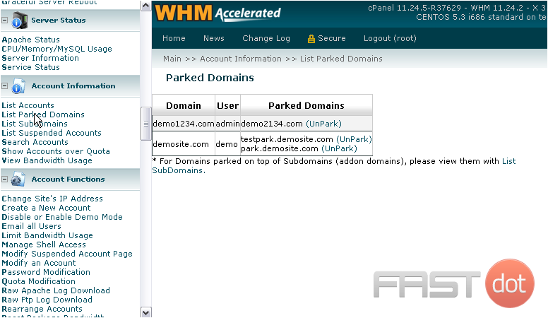list all the parked domains in WHM