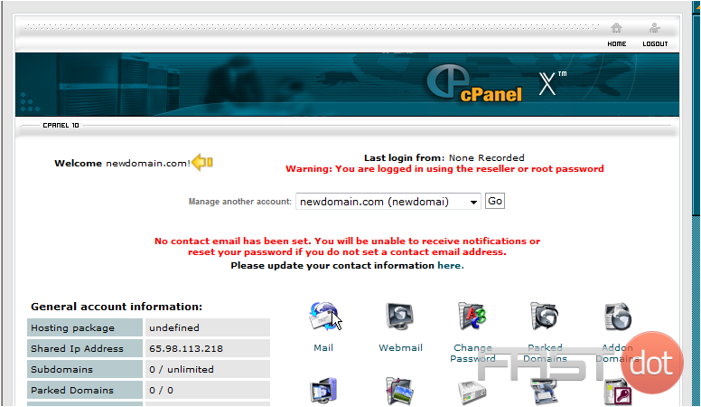That's it! As you can see here, we're now in the CPanel control panel for the newdomain.com hosting account