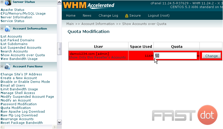 3) You can change an account's quota using the field here. The value should be in megabytes, or you can use unlimited.