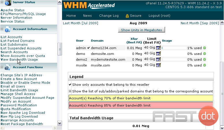 As you can see, we're currently viewing bandwidth totals for the month of August 2009. This tool uses best fit units by default -- whether that's gigabytes or megabytes.