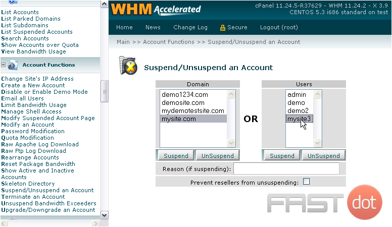3) Choose an account's username or main domain name from the respective list.