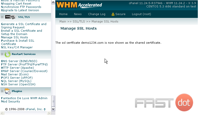 The SSL certificate we chose has now been set as the shared certificate. Now, any user on the server can access their account through that domain. For example, the user mysite3's account could be accessed through the shared SSL host as such:https://www.demo123.com/~mysite3/