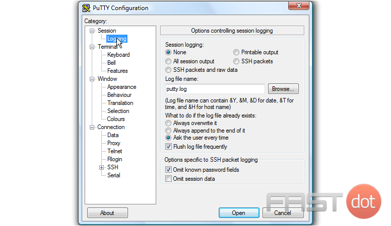 create a log file of your Putty session