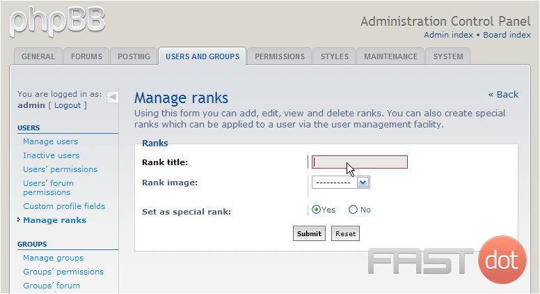 Manage ranks in phpBB