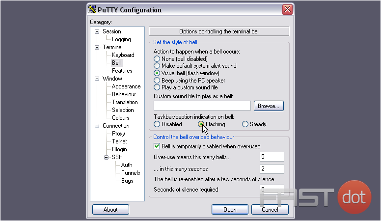 Change the bell style and settings in PuTTY