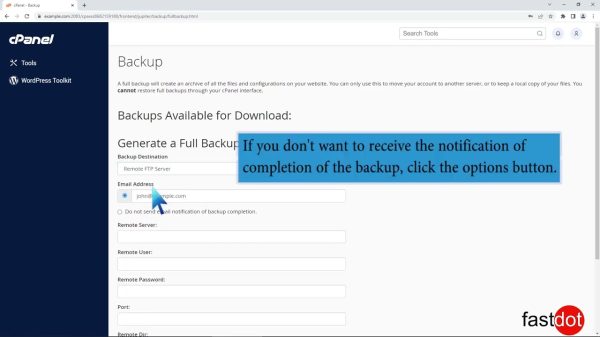 How to generate a cPanel backup and sent it to FTP Server